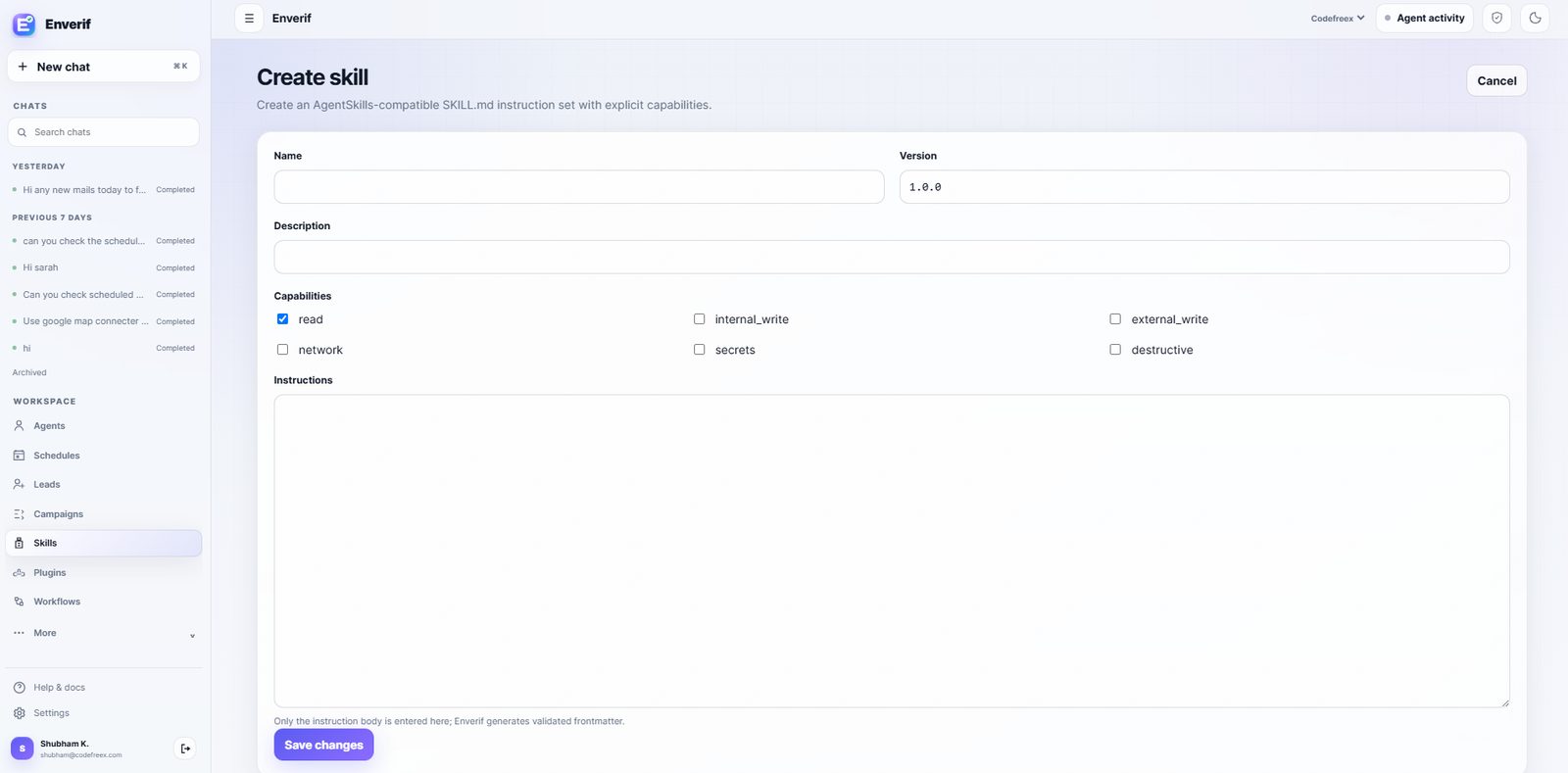 Enverif create skill form with name, version, description, capability checkboxes and instruction body