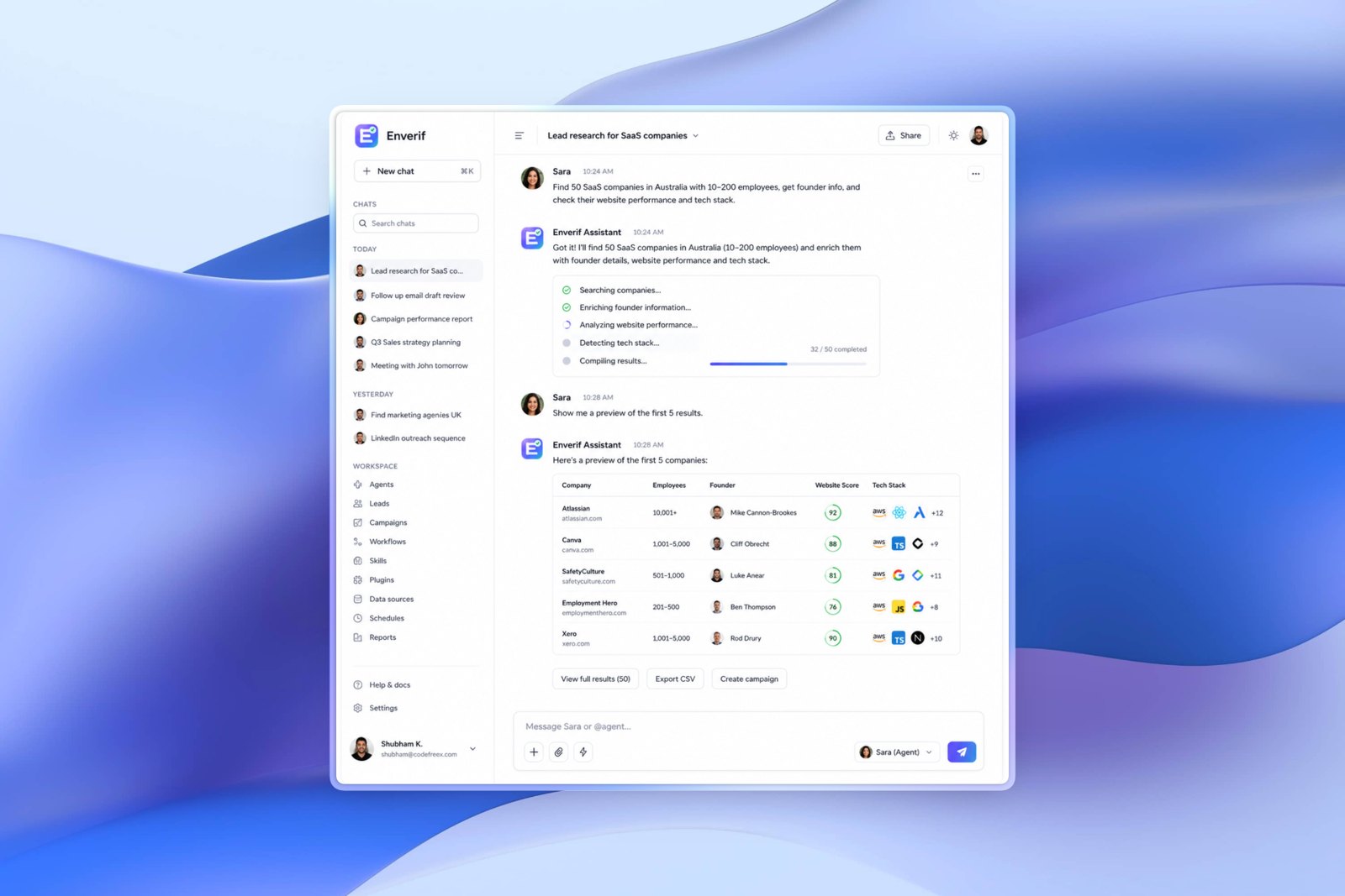 Enverif workspace running a lead research task: progress on searching companies and enriching founder information, then a results table of Australian SaaS companies
