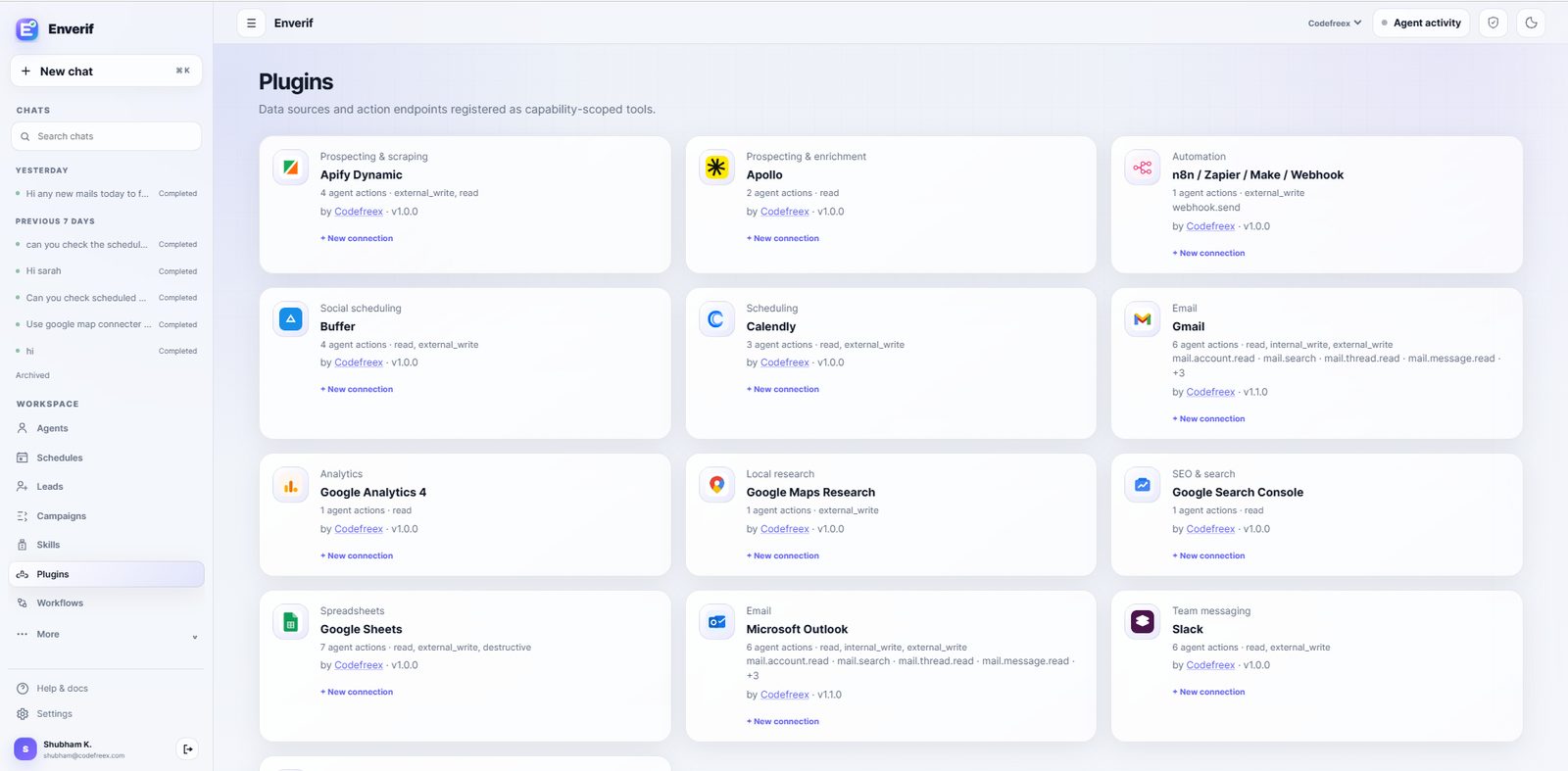 Enverif plugins directory listing Apify, Apollo, webhook automation, Buffer, Calendly, Gmail, Google Analytics, Google Maps, Search Console, Google Sheets, Outlook and Slack connectors